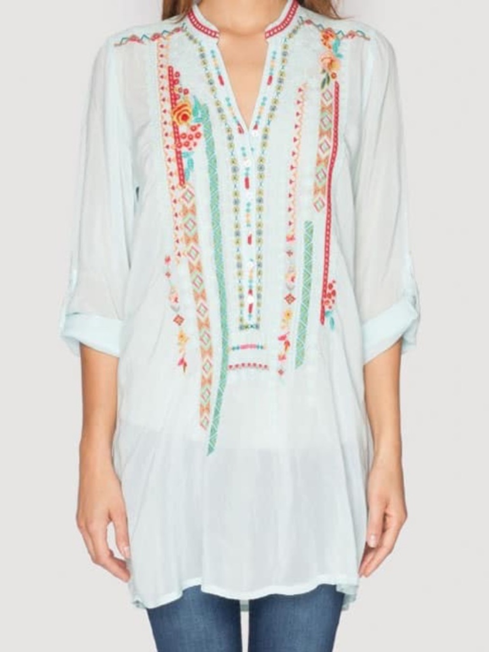 Johnny Was Tunic Mint Multicolor Floral Embroidery Small